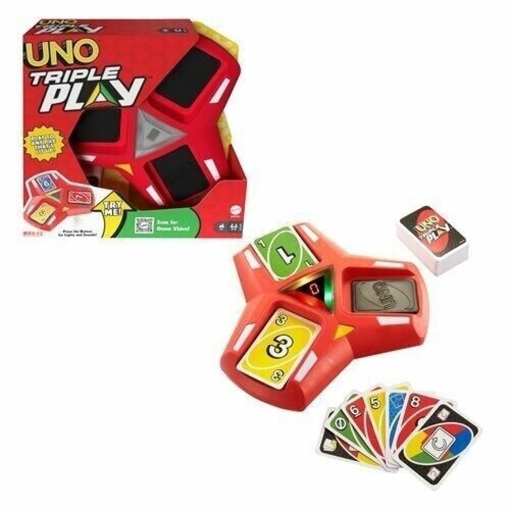 ​UNO Triple Play Card Game with Card-Holder Unit with Lights & Sounds New